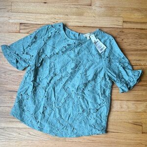 New with Tags Monteau Lace Overlay Short Sleeve Blue Green Top